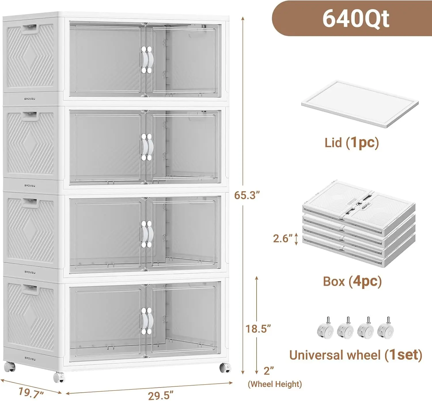 Stackable Storage Bins with Lid, 160Gal Closet Organizers and Plastic Cabinets Shelves, Collapsible Drawers with PET Clear Doors