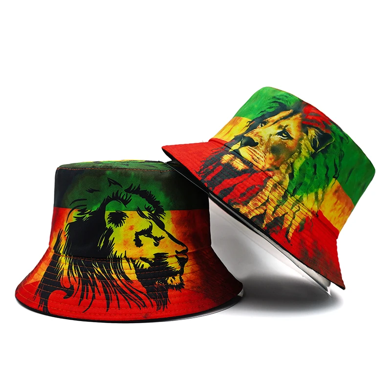 Top Rasta Style Bucket Hat Lion Cartoon Printing Pattern Fisherman Hats Double Sides Panama Cap For Men Women Outdoor Sun Caps 2