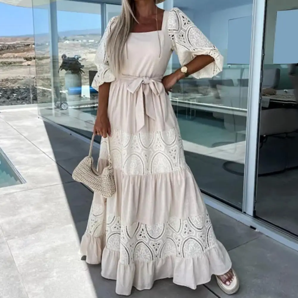 

New Women Elegant Embroidered Lace White Female Splicing Dress Floral Hollow Out Loose Casual Party Vestidos
