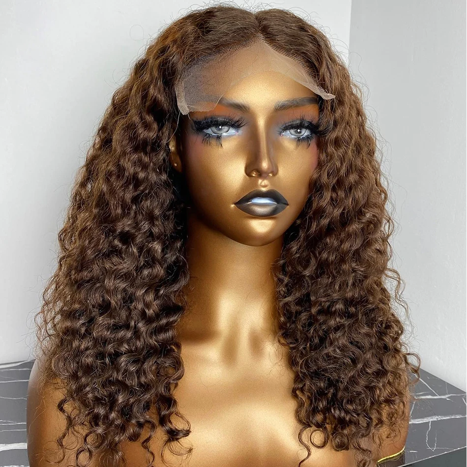 

Preplucked 26 inch Long Brown Kinky Curly European Virgin Human Hair Jewish Soft 13x6 Lace Front Wig For Women With BabyHair