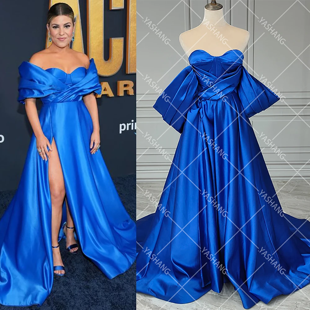 

Элегантное темно-синее атласное вечернее платье с открытыми плечами, соблазнительное вечернее платье знаменитости с разрезом до бедра, коктейльное платье большого размера для выпускного вечера
