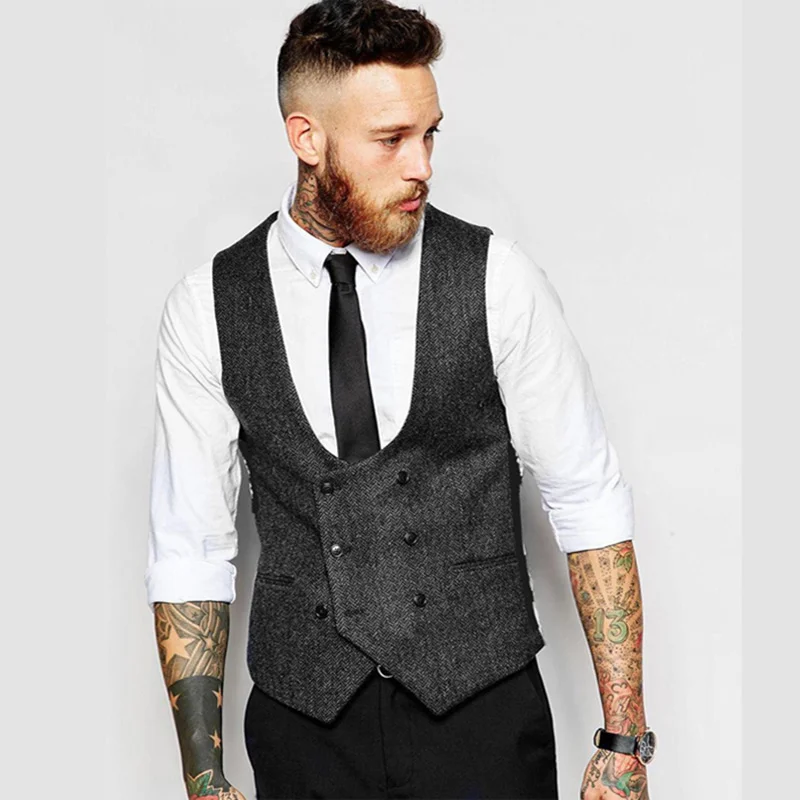 

Spring Autumn Men Suit Vest Wool Double Breasted Waistcoat British Vintage Colete Dress Wedding Formal Sleeveless Jacket