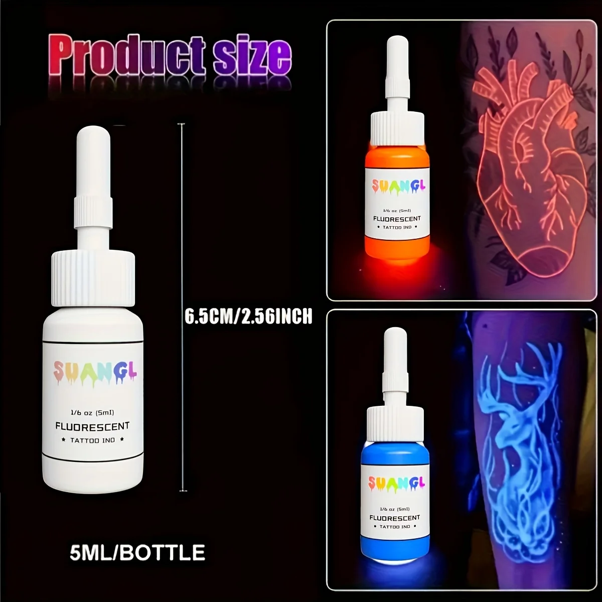 Bottiglie di inchiostro fluorescente per tatuaggi da 0,17 once, 8 colori, set di pigmenti resistenti, non tossici, inodori e delicati sulla pelle, per lavori di tatuaggio artistico sul corpo - immagine 3