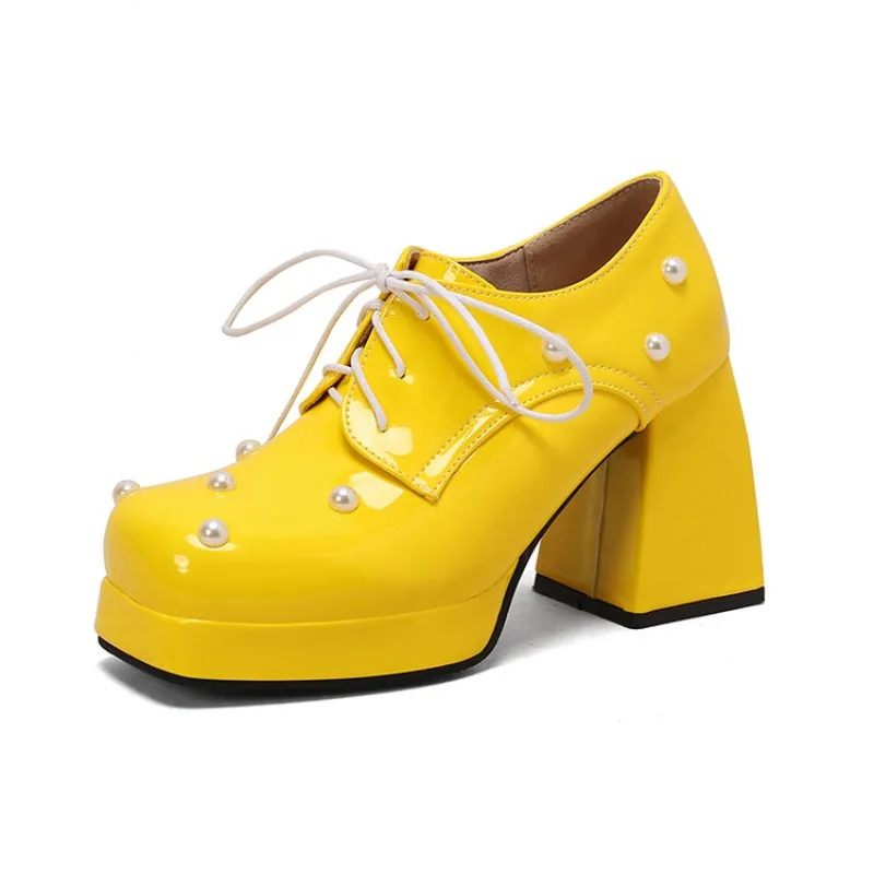 

2024 New Square Head Pearl Waterproof Platform Single Shoe 9.5cm Thick Heel Lacquer Leather Pumps Candy Color Women Shoes 34-48