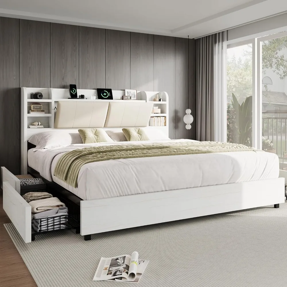 Extra Large Bed Frame with 4 Storage Drawers, Cushioned Bed Frame, 47.2 in Bookshelf Headboard, Charging Station 2