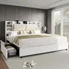 Extra Large Bed Frame with 4 Storage Drawers, Cushioned Bed Frame, 47.2 in Bookshelf Headboard, Charging Station 2