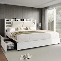 Extra Large Bed Frame with 4 Storage Drawers, Cushioned Bed Frame, 47.2 in Bookshelf Headboard, Charging Station 2