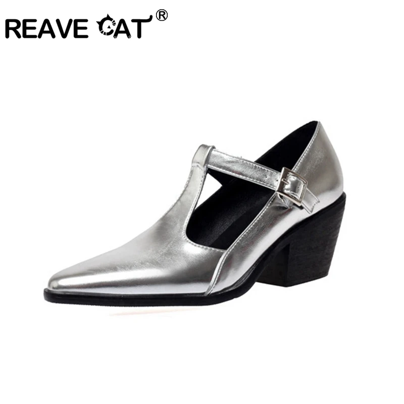 REAVE CAT 2024 New Women Pumps Pointed Toe 6cm Square Heel T Strap Brand Design Big Size 40 41 42 43 44 45 46 Gold Silver Black