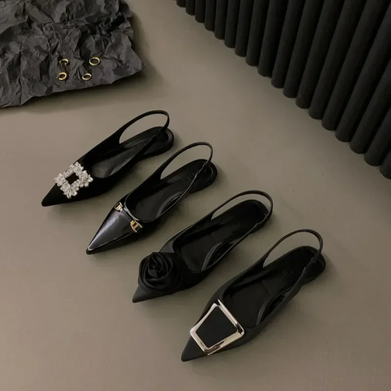 Women Sandals Summer Design Fashion Rhinestone Slip On Flats Heels Ladies Pointed Toe Elegant Slingback women sandals