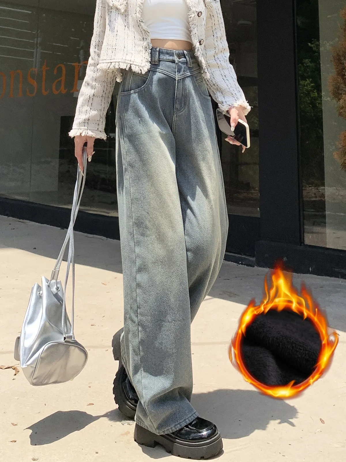 

ZHISILAO Winter Warm Jeans Women Vintage Classic Loose Thick Wide Leg Jeans Chic Straight Pants 2023