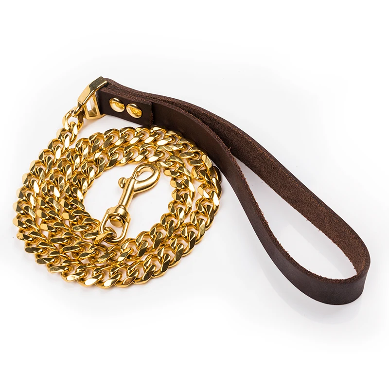 

Dog Leash Pet Lead Stainless Steel 15mm Gold Dog Chain Collar Lead Pet Leather for Small Large Dogs Pitbull Bulldog Collar Leash