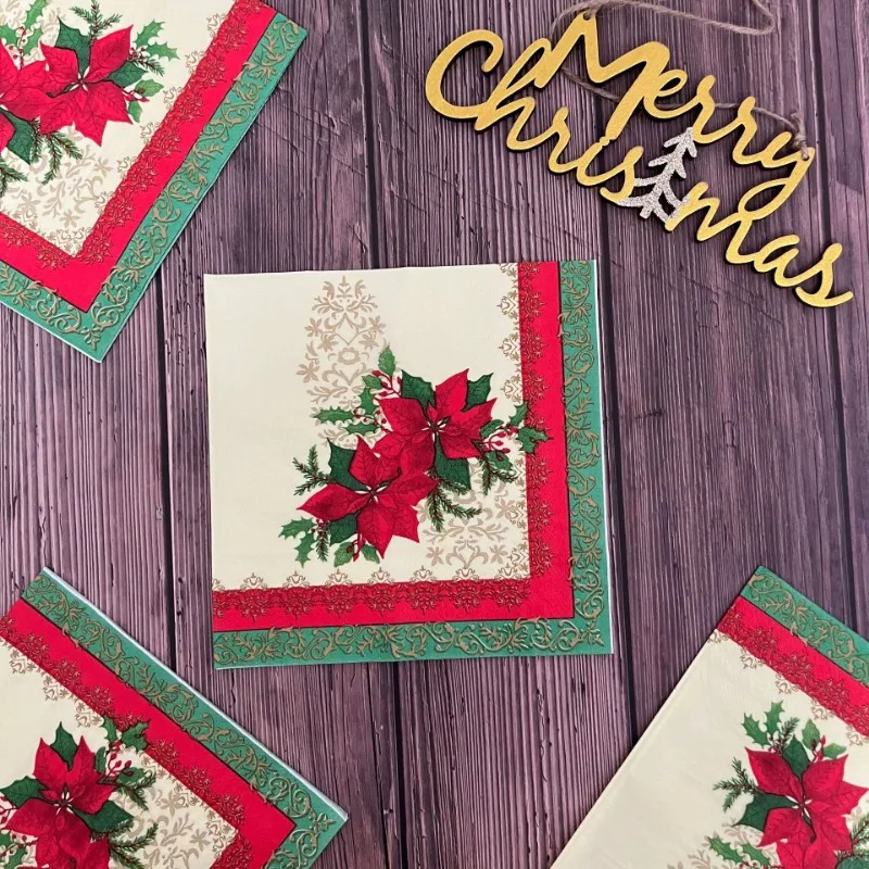 10/20 Stück 2-lagige 33 cm Weihnachtsservietten, rote Weihnachtsblumen, bedruckte Papierservietten, Einweg-Tischsets, bunte bedruckte Servietten – Detail 2