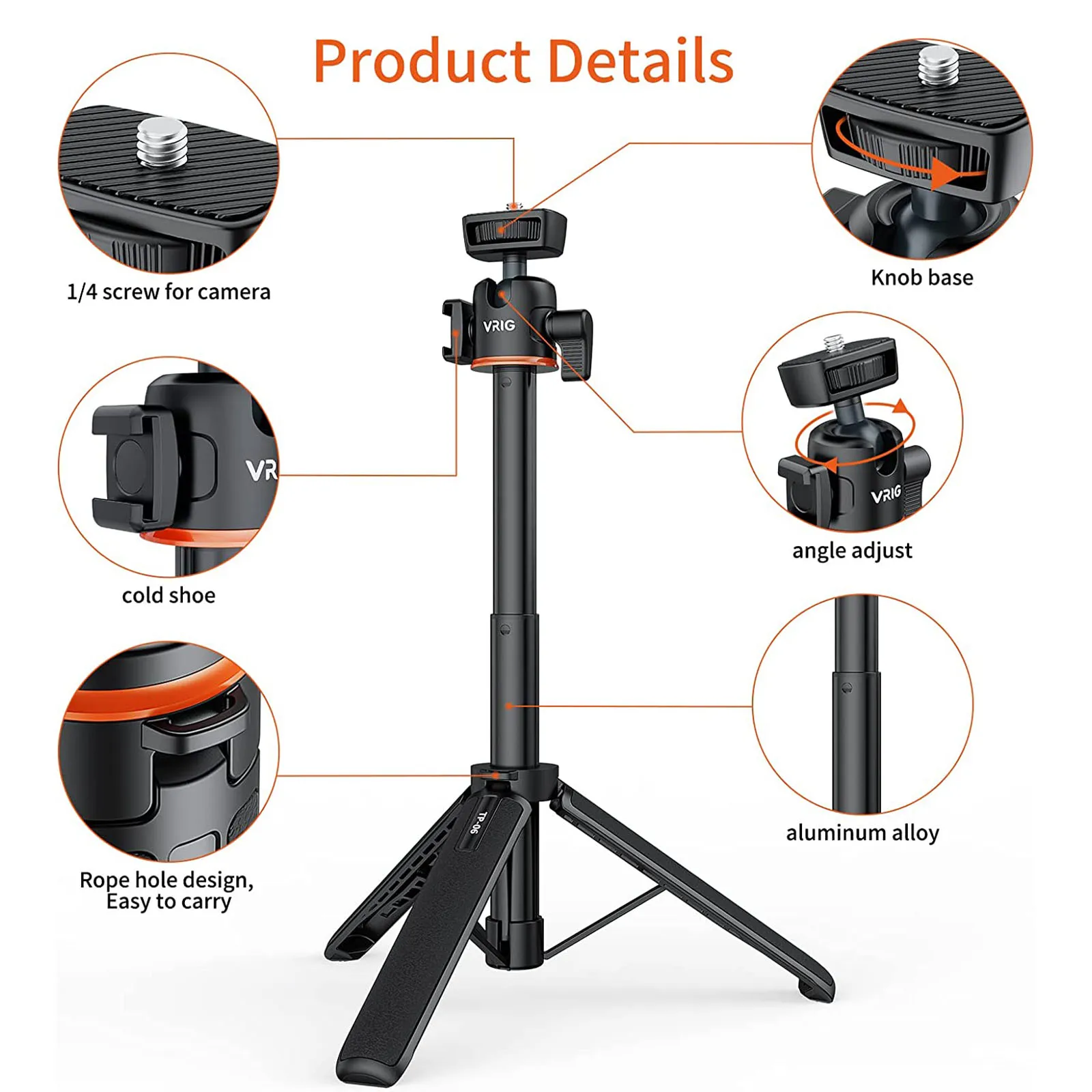 VRIG TP-06 Extendable Phone Tripod Selfie Stick 360° Ball Head