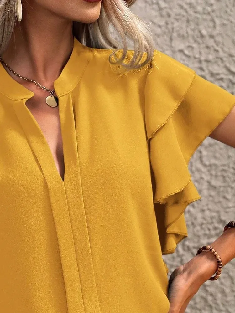 Women\'s Shirt Summer Fashion V-neck Ruffle Short Sleeved Pullover New Office Lady Casual Blouse Women Tops Boho Female Clothing