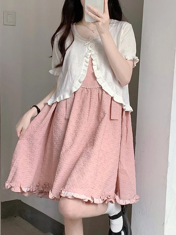 Cute Knitted Cardigan Women Pearl Button Bow Decoration Heart Hollow Out Short Sweater for Sweet Girl Kawaii Clothes