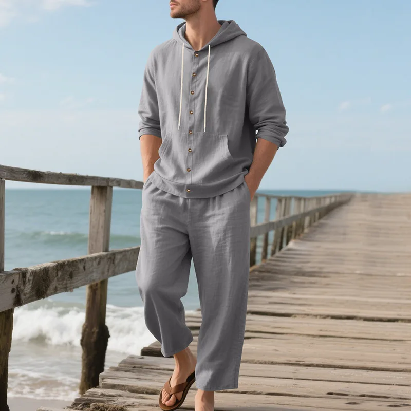 New Spring and Autumn Style Loose Men's Hoodie Set, Linen Material Beach Casual Two-Piece Suit