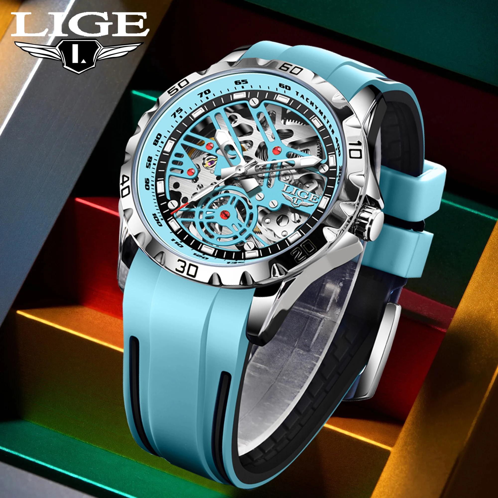 LIGE Mechanical Watch Fashion Casual Waterproof Watch for Men Silicone Strap Hollow Tourbillon Luminous Clock Automatic Movement