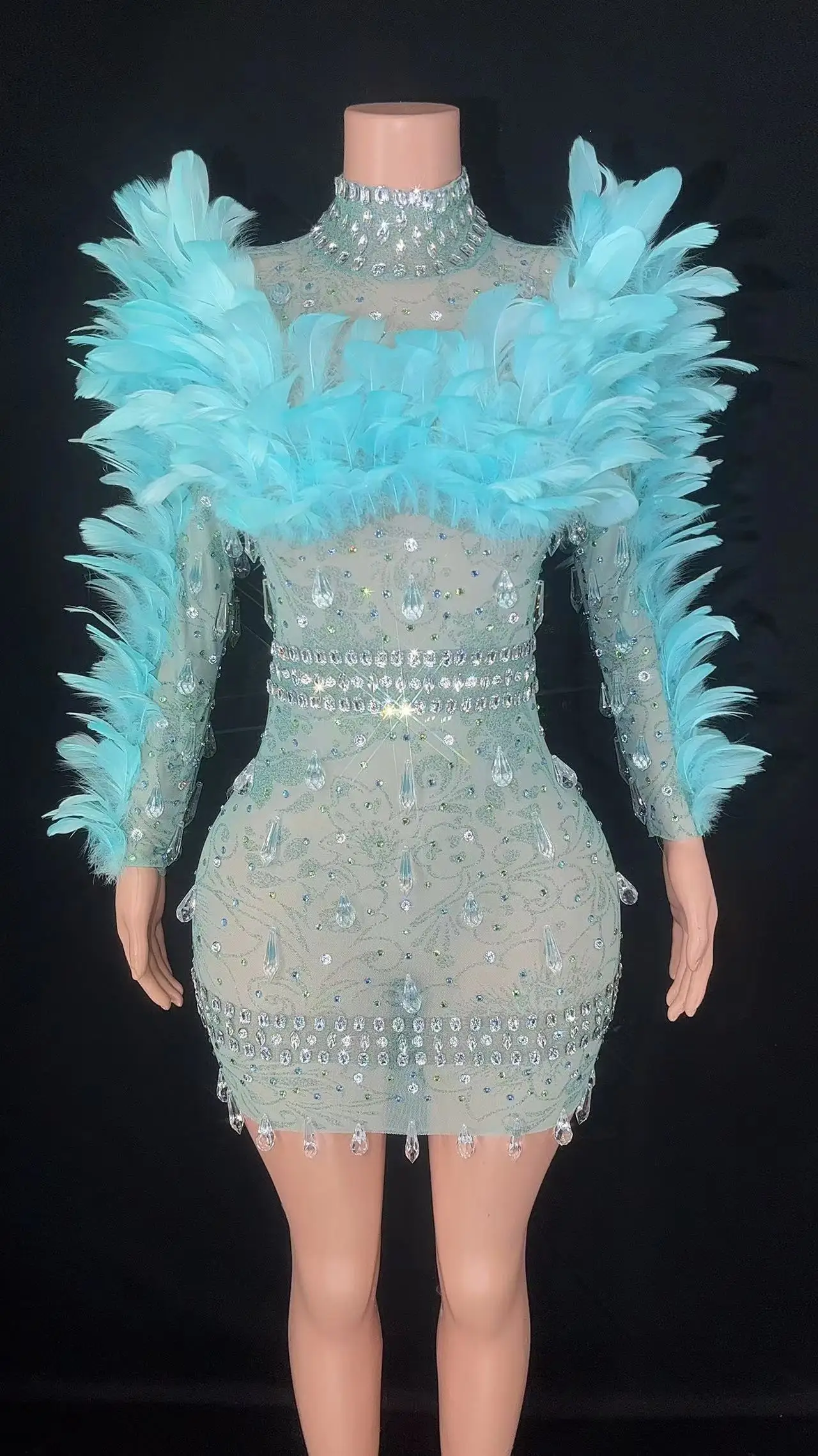 

Sparkly Rhinestones Feathers Short Dress Sexy Mesh See Through Evening Celebriate Birthday Dress Performance Costume Stage Wear