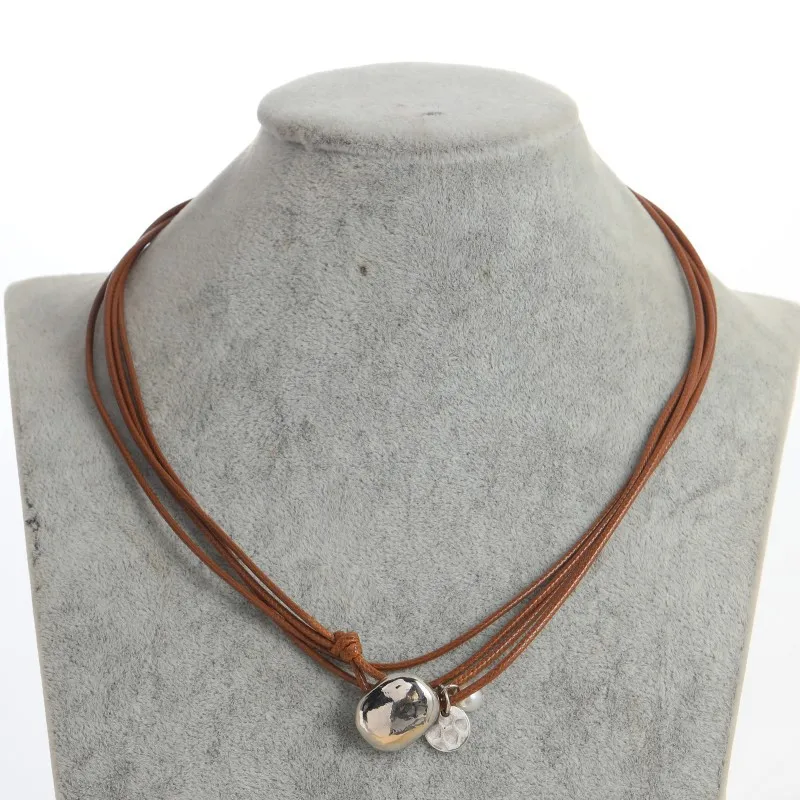 Collana Lunga Donna In Pelle Con Ciondolo Cerchio | Stile Bohémien E Nazionale | Legno E Corda | Lunghezza 68 Cm