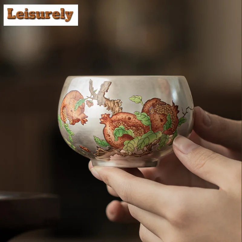 Gilt Silver Longevity Peach Pomegranate Teacup Luxury Tea Bowl Mug Tea-tasting Meditation Cup Chazhan Master Cups Teaware Set