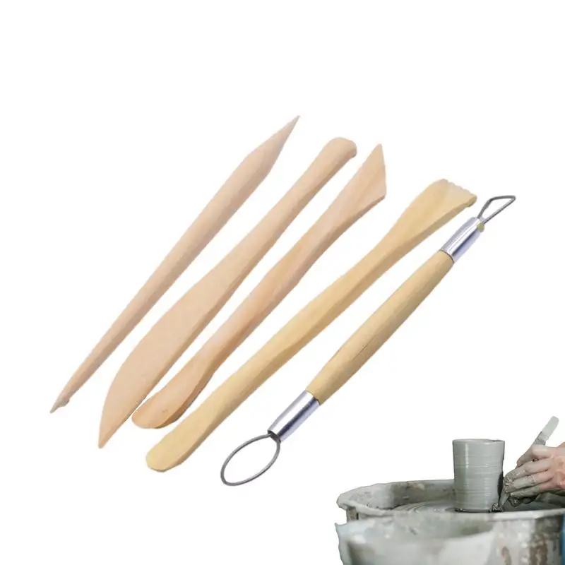 Clay Sculpting Tools 5Pcs Clay Cutting Tools Wooden Handle Ceramic Air Dry Tool Set For Shaping Modeling Home School