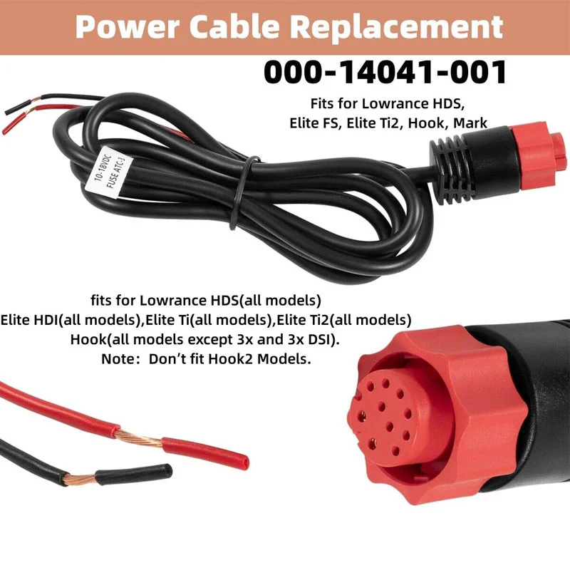 000-14041-001 HDS/Elite/Hook Power Cable Replacement, 3 Foot, 2-Wire Power  Only Fits for Lowrance HDS, Elite FS, Elite Ti2, Hook