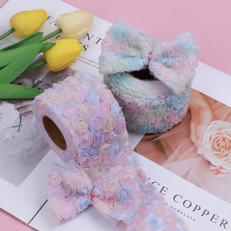 Rose Flower 3D Chiffon Lace Trim Ribbon Fabric for Applique Sewing Wedding Headdress Decoration Accessories 5yards/roll 14colors silk satin ribbons fabric flowers