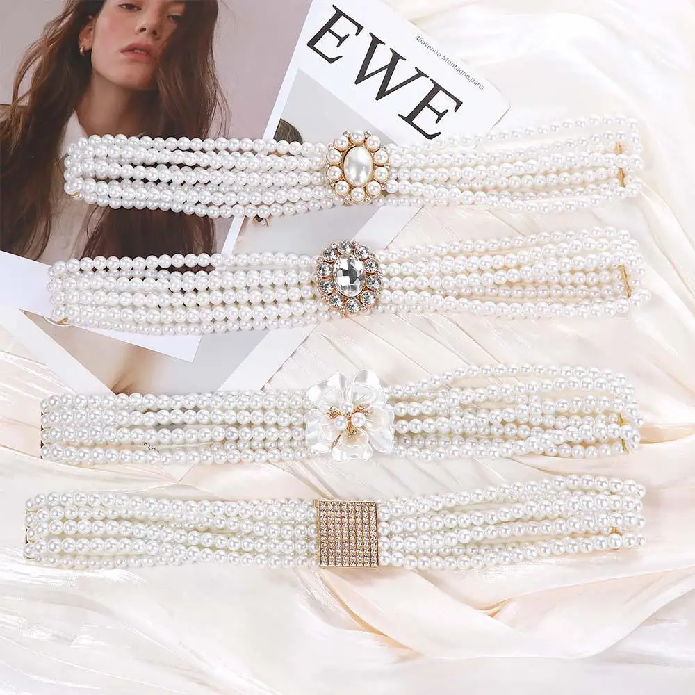 

Vintage Elegant Metal Buckle Flower Crystal Elastic Korean Belt Women Waistband Dress Decoration Faux Pearl