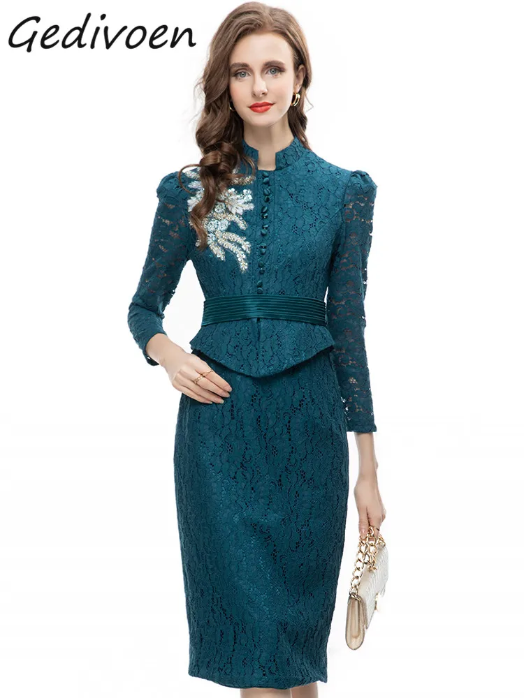 

Gedivoen Summer Fashion Designer Vintage Spliced Dress Women Stand Collar Beading Sequins Embroidery Ruched Slim Slit Midi Dress