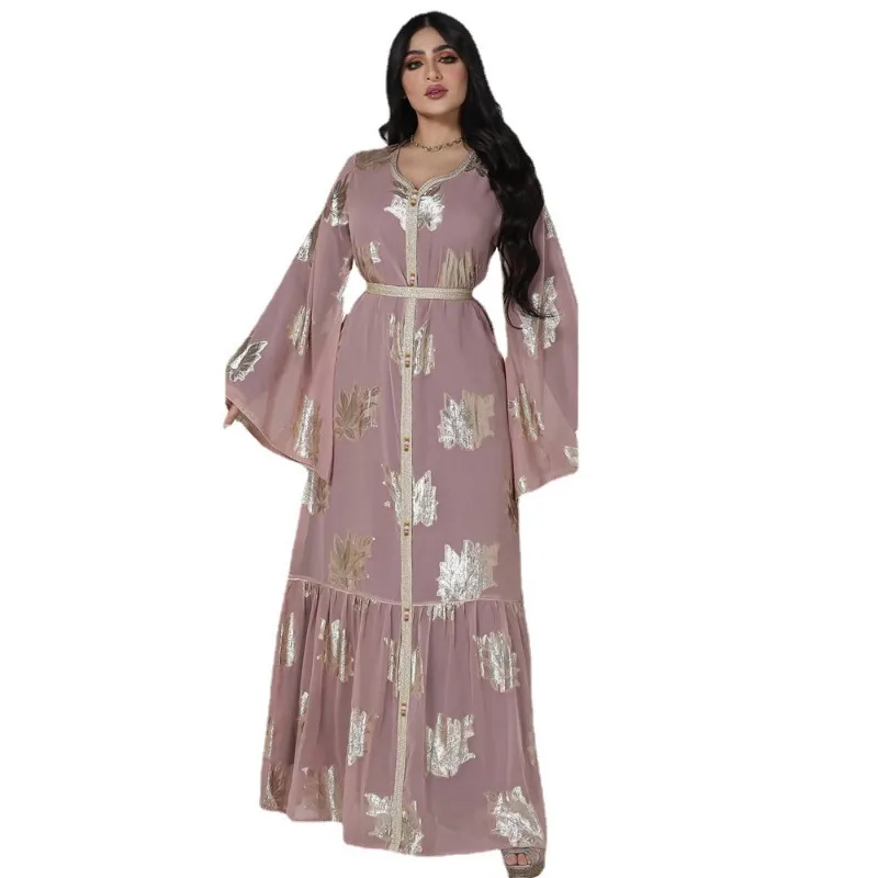 European and American Fashion plus Size Dress Middle East Dubai Hot Sale Bronzing Chiffon Muslim Women's Robes dubai abaya