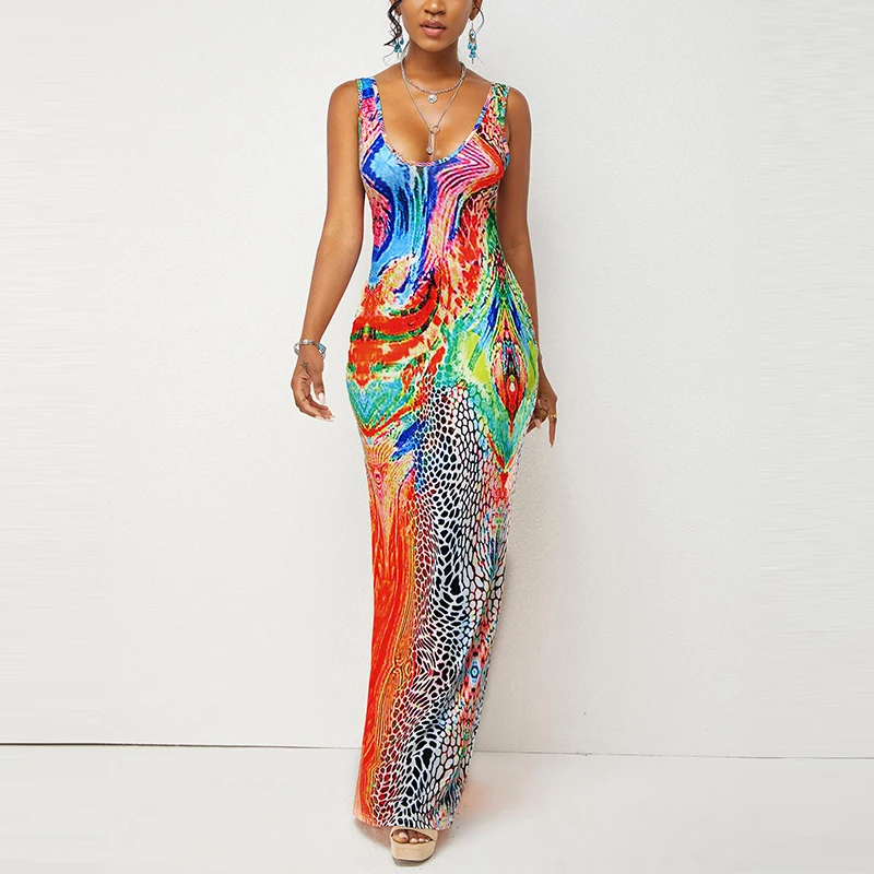 

OTEN Women Fashionable Sleeveless V-neck Wide Strap Tie-dye Print Dress Sexy Backless Tunic Bodycon Nightclub Party Maxi Dress