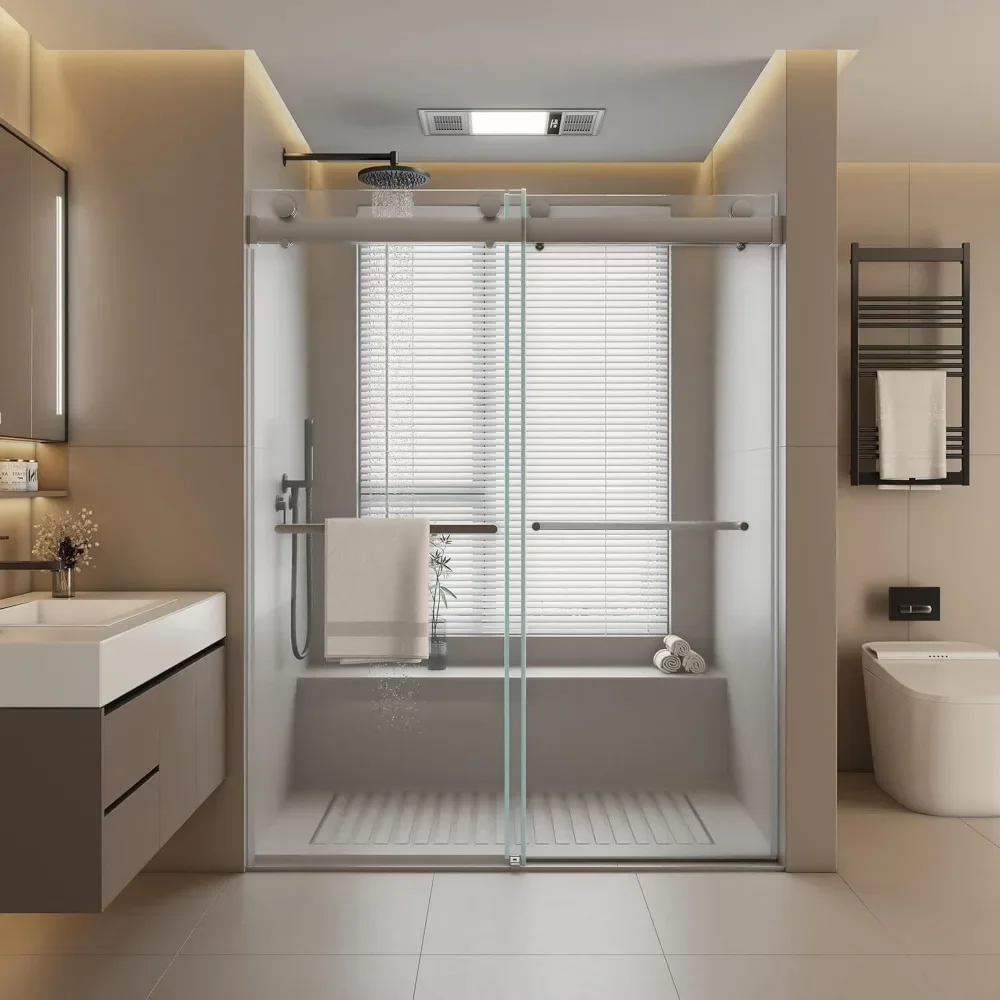 Shower Door 56-60"W Sliding Showers Doors Semi-Frameless Double Sliding with Burst Film Tempered Glass Bathroom Shower Door