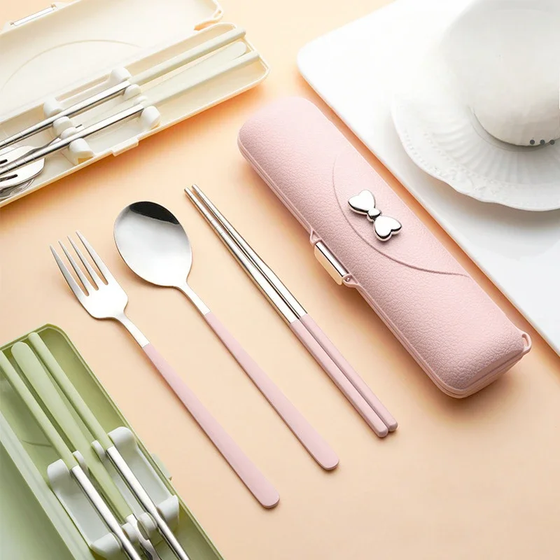 Stainless Steel Tableware Set Portable Bowknot Spoon Fork Chopsticks Suit Travel Cute Flatware Cutlery Box Home Camping Tools