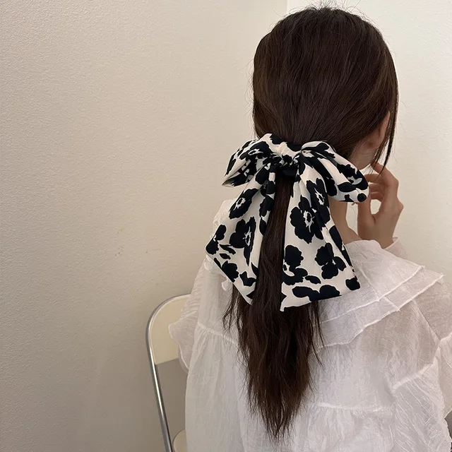 Woman Bowknot Scrunchies Black White Ribbon Hair Ties Hair Bands for Girls Hair Accessories Headwear 2
