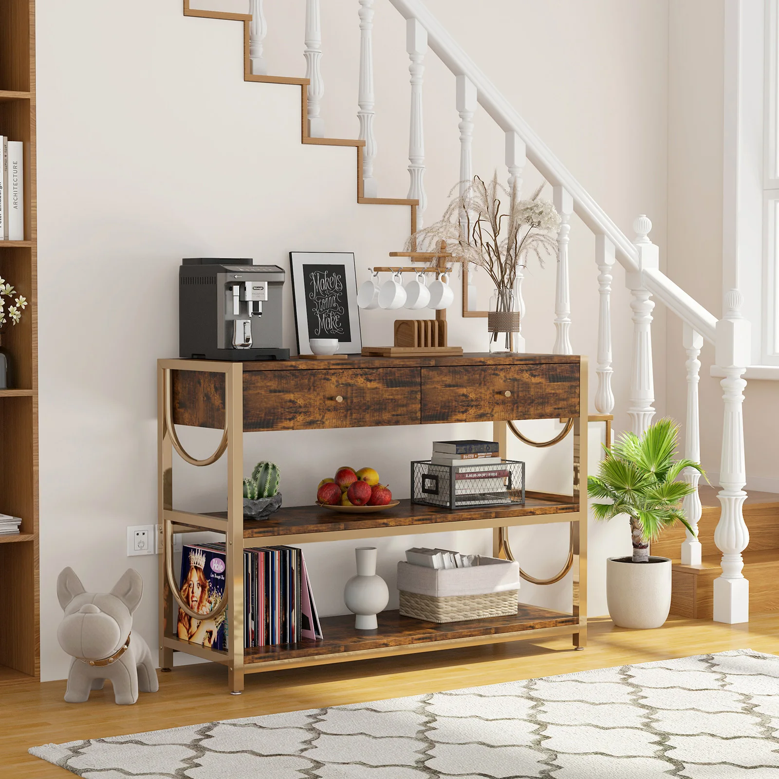 Console Table with Drawers and 3-Tier Storage Shelves, Behind Couch Sofa Table for Living Room Entryway Hallway Foyer Bedroom