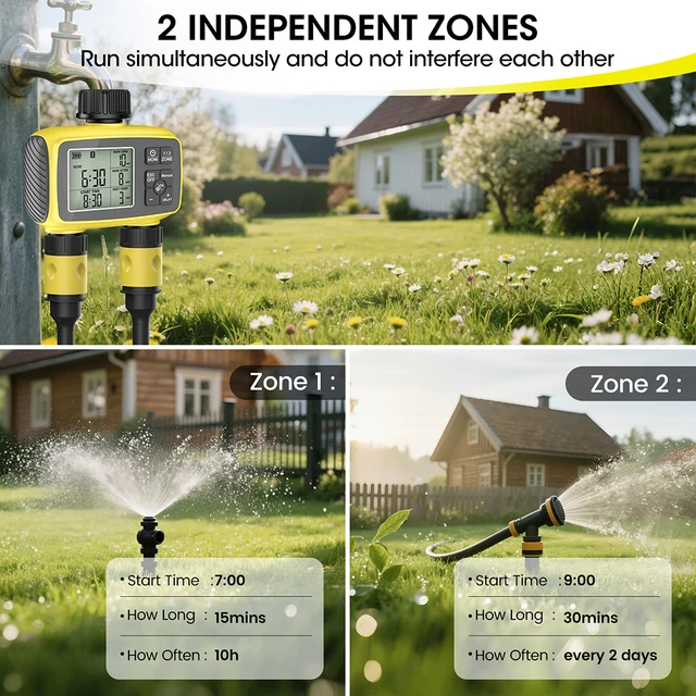 Large Screen Display Garden Irrigation Timer 2 Outlets Smart Water Timer Irrigation Control System Timed Water Value IPX5 3