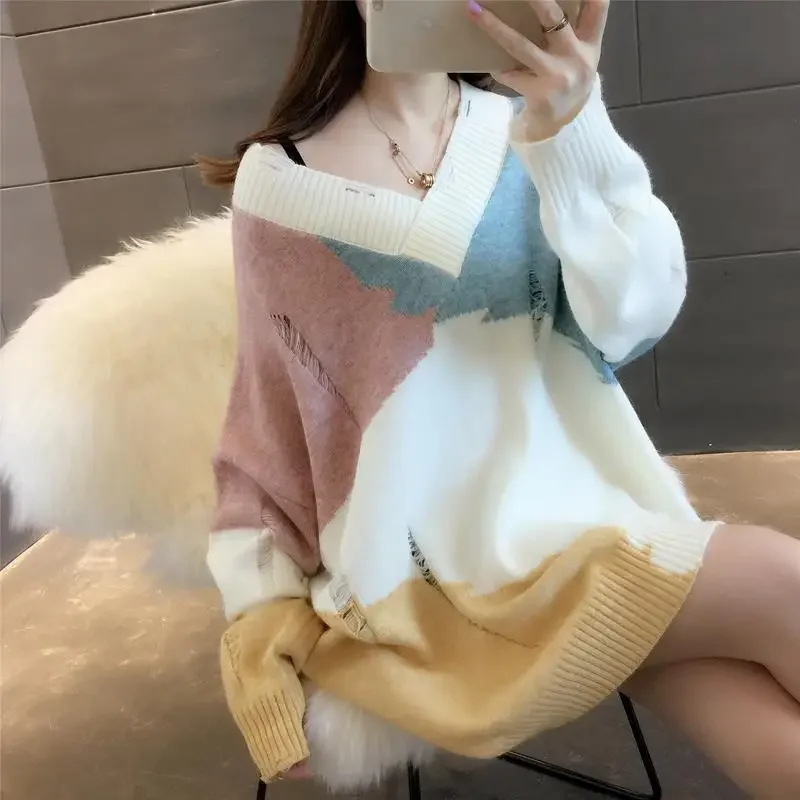 

Casual Contrasting Colors Spliced Sweaters Winter Korean Loose V-Neck Female Clothing Stylish Frayed Knitted Midi Jumpers E144