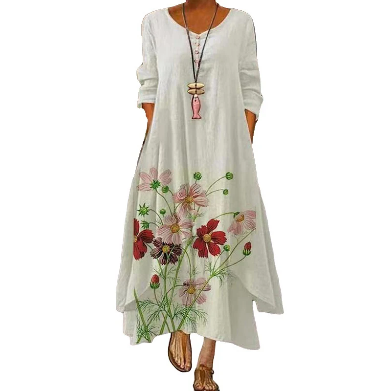 2022 Elegant Flowers Print Long Sleeve Spring Summer Dresses Casual O Neck Loose Women Dress Vintage Party Vestidos Long Dresses