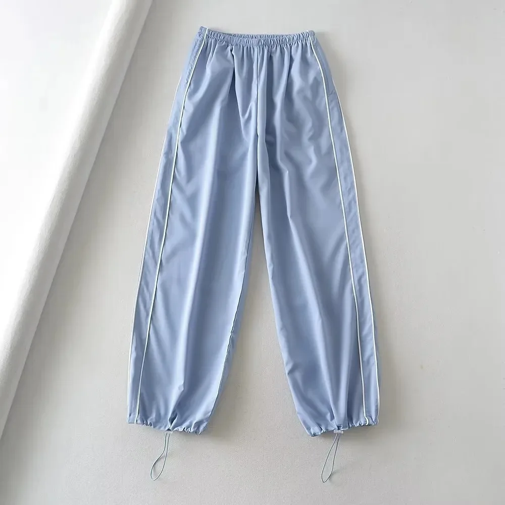 Woman Satin Side Stripes Loose Drawstring Long Cargo Trousers Hip Hop Sweatpants