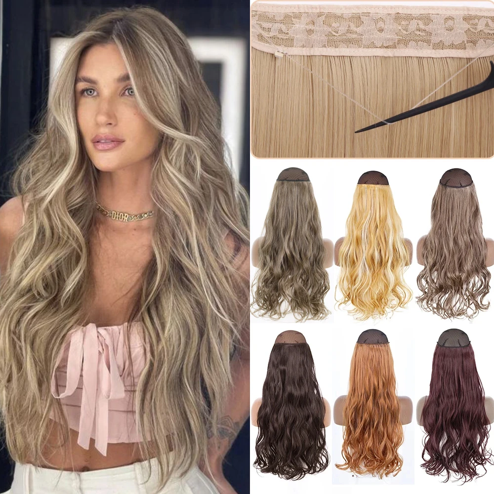 Synthetic No Clip Wavy Hair Extensions Artifical Natural Brown Blonde