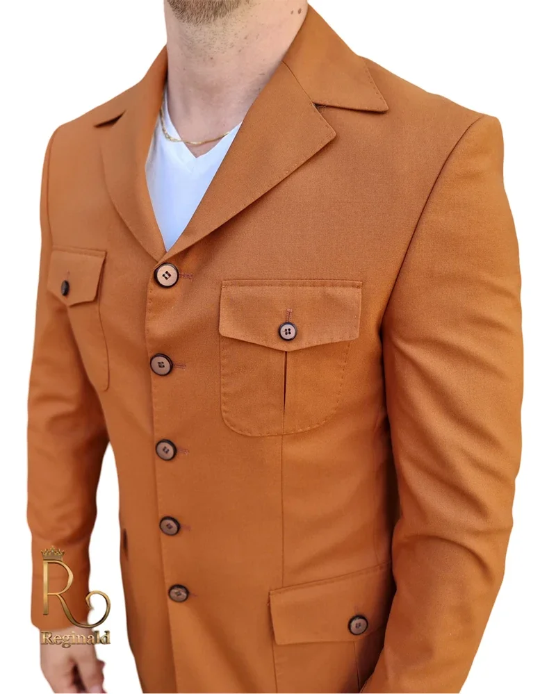 Notch Lapel Safari Men Suits For Outdoor Prom 2 Pcs Wedding Tuxedo Made Single Breasted Blazer With Pants