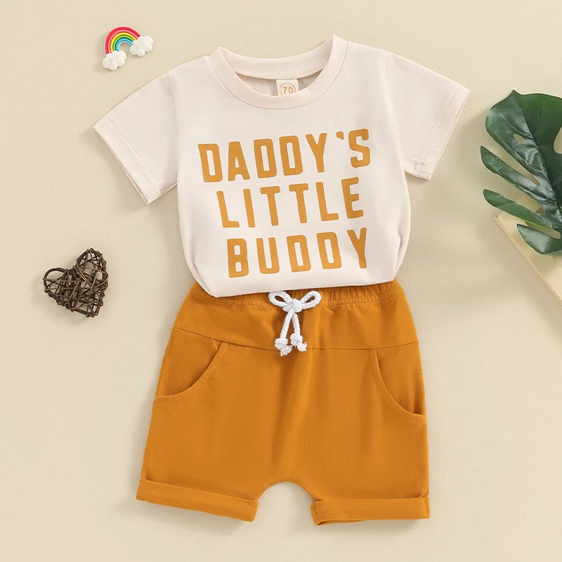 

Infant Toddler Baby Boy Girl Summer Clothes Short Sleeve Mama s daddy s Little Buddy T-Shirt Tops Solid Shorts Set Casual