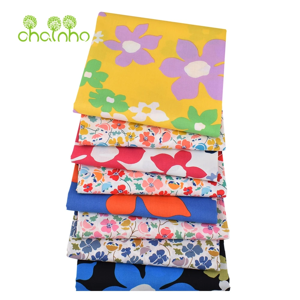 Chainho,Printed Plain Weave Poplin Cotton Fabric,DIY Sewing Quilting Material,Patchwork Cloth,Floral Series,3 Sizes,15PC108