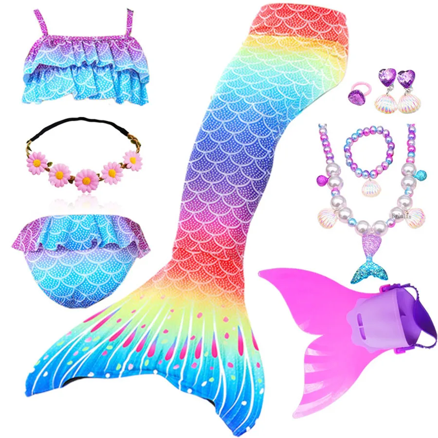 Kids Girls Swimming Mermaid Tail Costume Cosplay with Monofin Princess Dress Swimsuit Bikini Bathing Suit for Swim