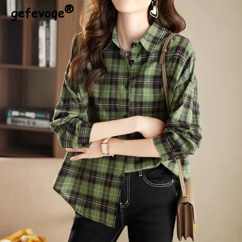 Loose Checked Shirt for Women 2023 Cotton Retro Commuting Polo-Neck Dovetail Single Breasted Shoulder Drop Long Sleeve Blouse