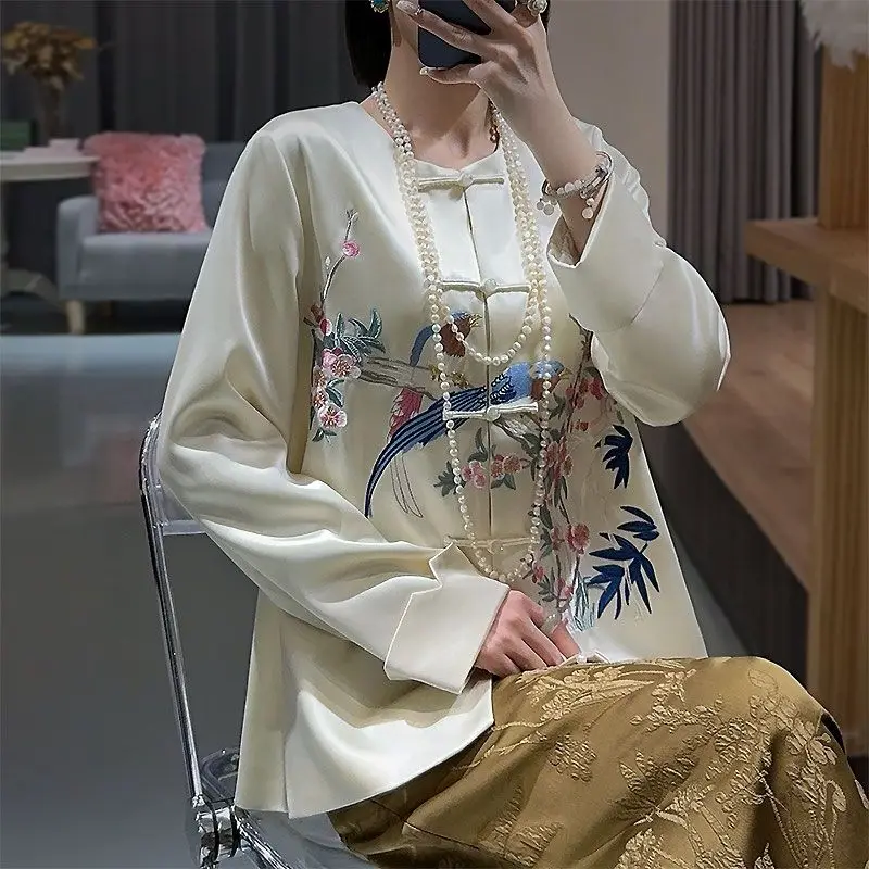 여성 자수 아세테이트 버클 가디건 코트, 에스닉 중국 스타일 상의, 루즈핏 레트로 스타일, 용수철 가을