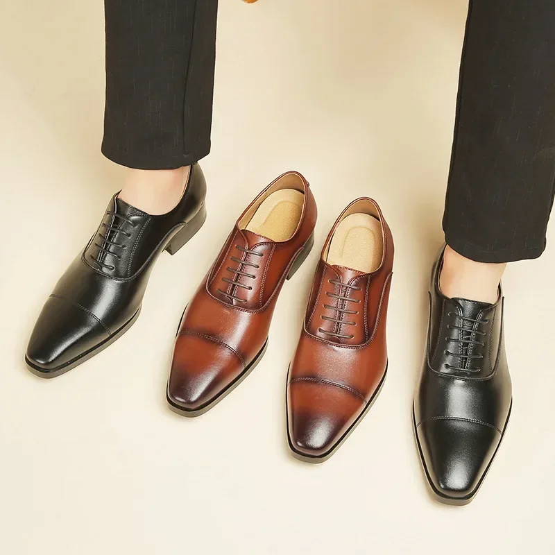 Men's Leather Oxford Shoes Lace-up Front Dress Shoes For Men Cap Toe Business Formal Black Tie Leather for Men