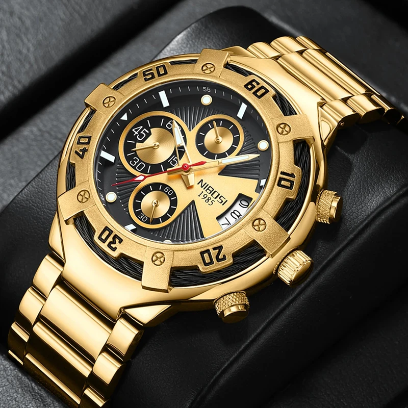 NIBOSI Big Dial Sport Chronograph Quartz Watch Men Waterproof Fashion Luminous Stainless Steel Men Wristwatch Relogio Masculino