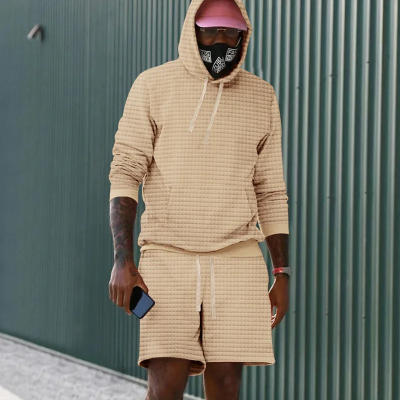 Loose Solid Hooded Set European and American Loose Sports Shorts Casual Checkered Long Sleeve Shorts Set 2023 Men's Sweatshirts