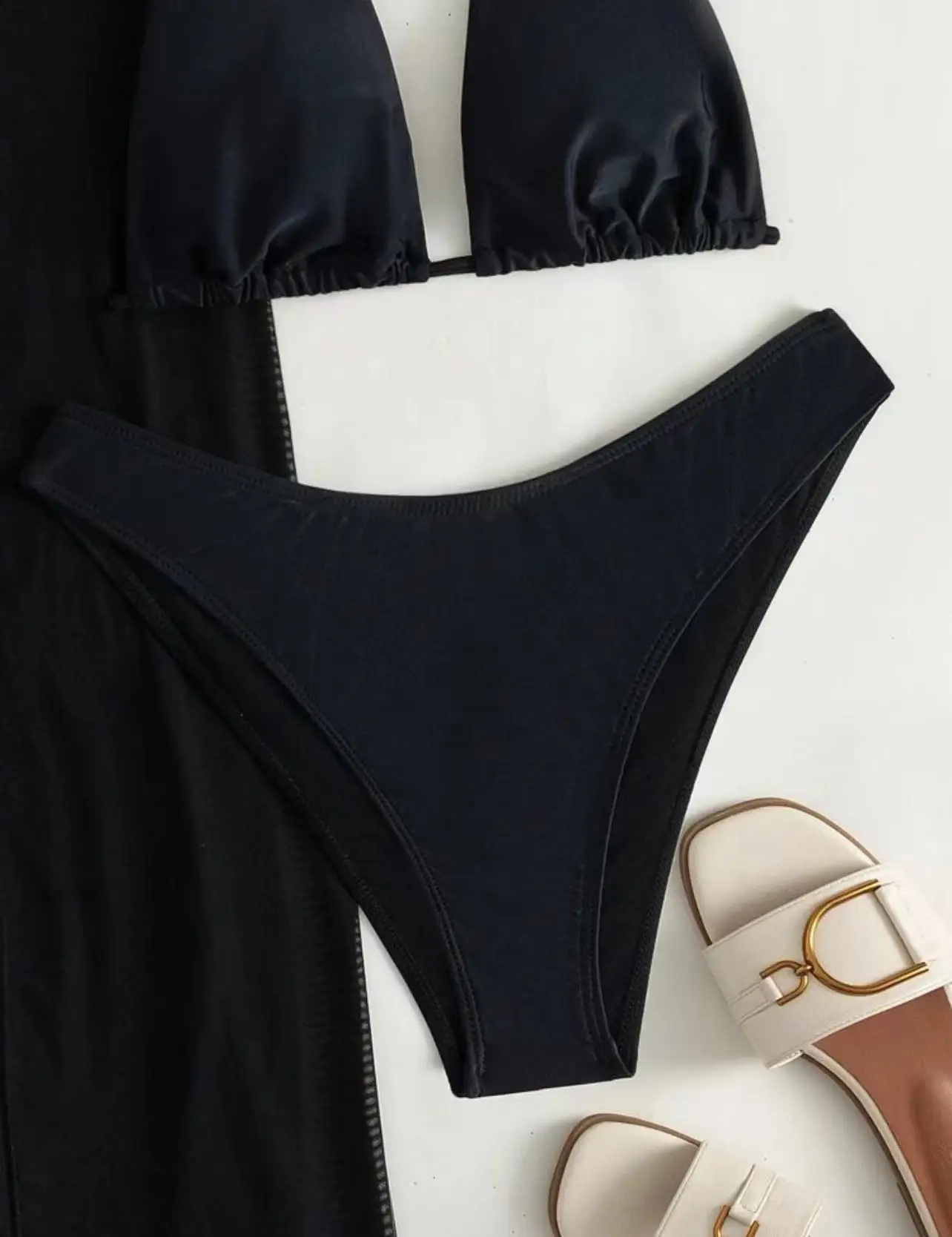 2023 New Arrival Sexy Solid 3 Piece Women's Swimsuit With Beach Skirt Cover Up Top Halter Bikini Set Swimsuit For Women